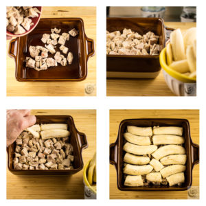 Placing the chicken and bananas in the baking dish for the Flying Jacobs.