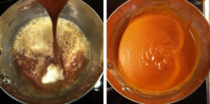Adding the seafood broth into the roux for the bisque. Adding the seafood broth into the roux for the bisque.