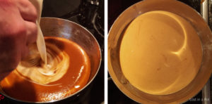 Adding cream to the bisque base. Adding cream to the bisque base.