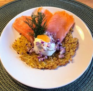 Plated cold smoked salmon, råraka, rödlök with crème fraiche. Plated cold smoked salmon, råraka, rödlök with crème fraiche.