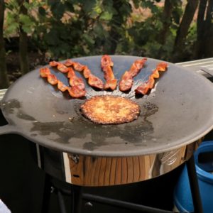 Raggmunk and cured pork belly frying on the Muurikka. Raggmunk and cured pork belly frying on the Muurikka.